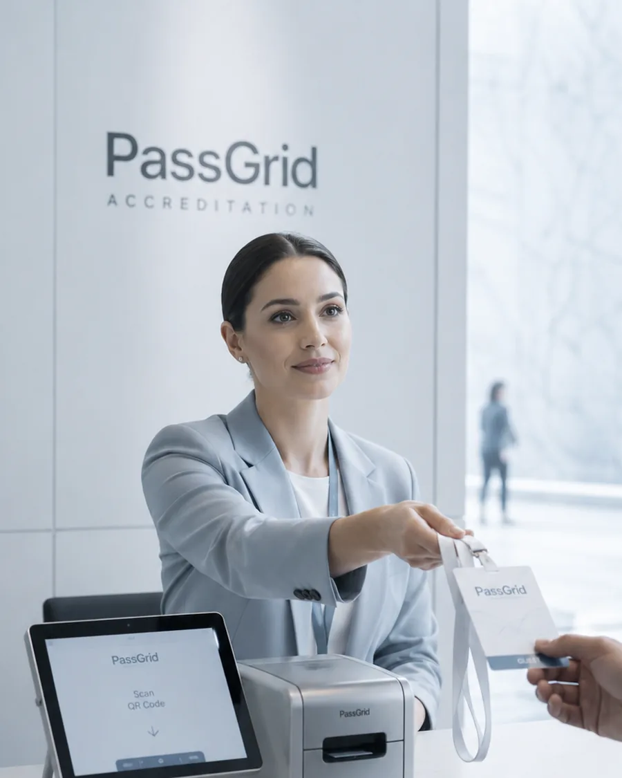 A staff member handing a printed accreditation pass to a guest at a desk