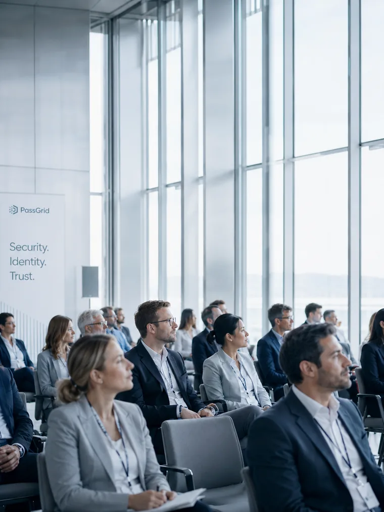Delegates wearing lanyards in a bright modern conference hall
