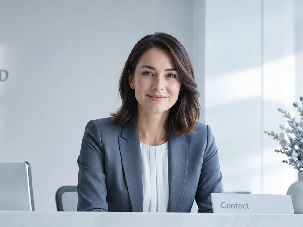 A friendly professional at a bright contact desk
