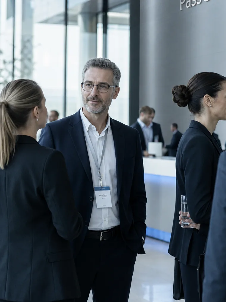 Guests with name badges at a corporate event in a glass lobby