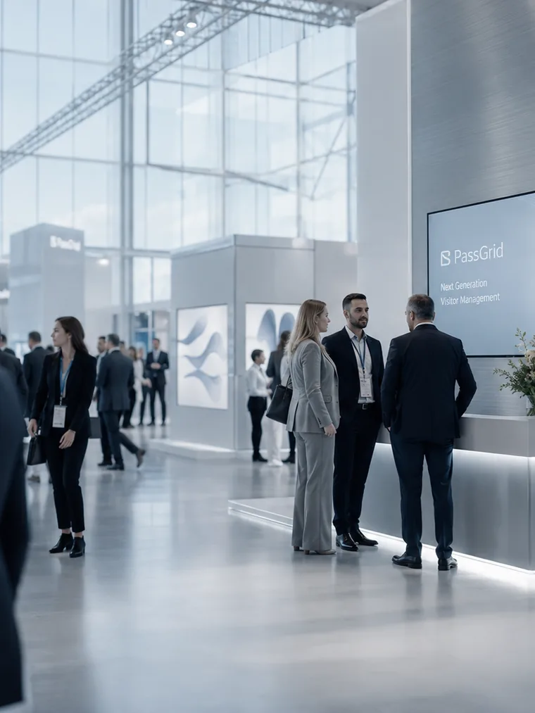 Visitors and stands on an upscale trade exhibition floor