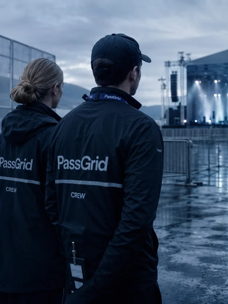 Festival crew with lanyards in front of a stage at dusk