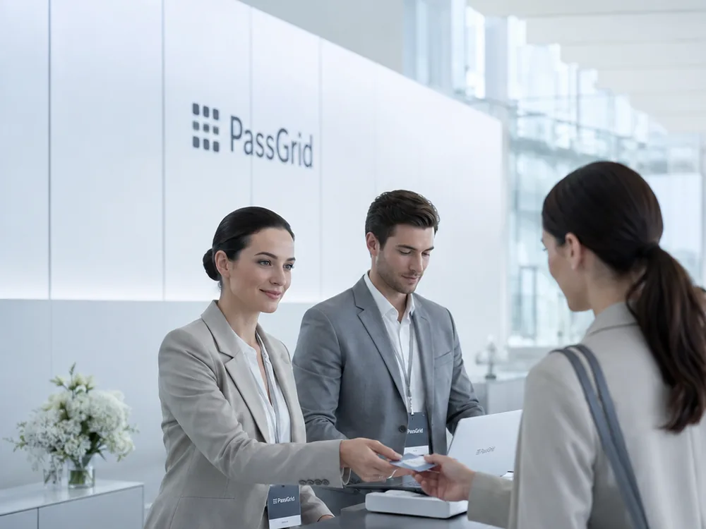 Staff assisting guests at a busy accreditation counter during an event