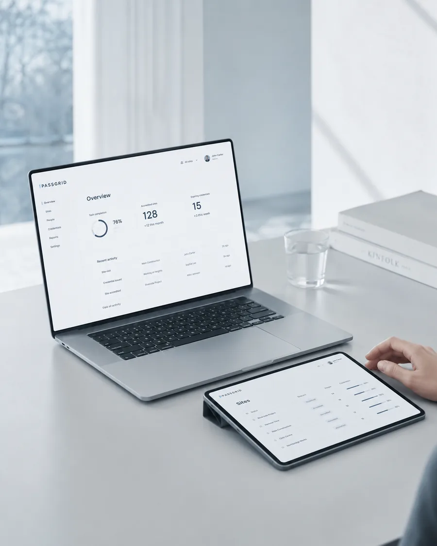 A tablet and a laptop on a desk showing the accreditation dashboard